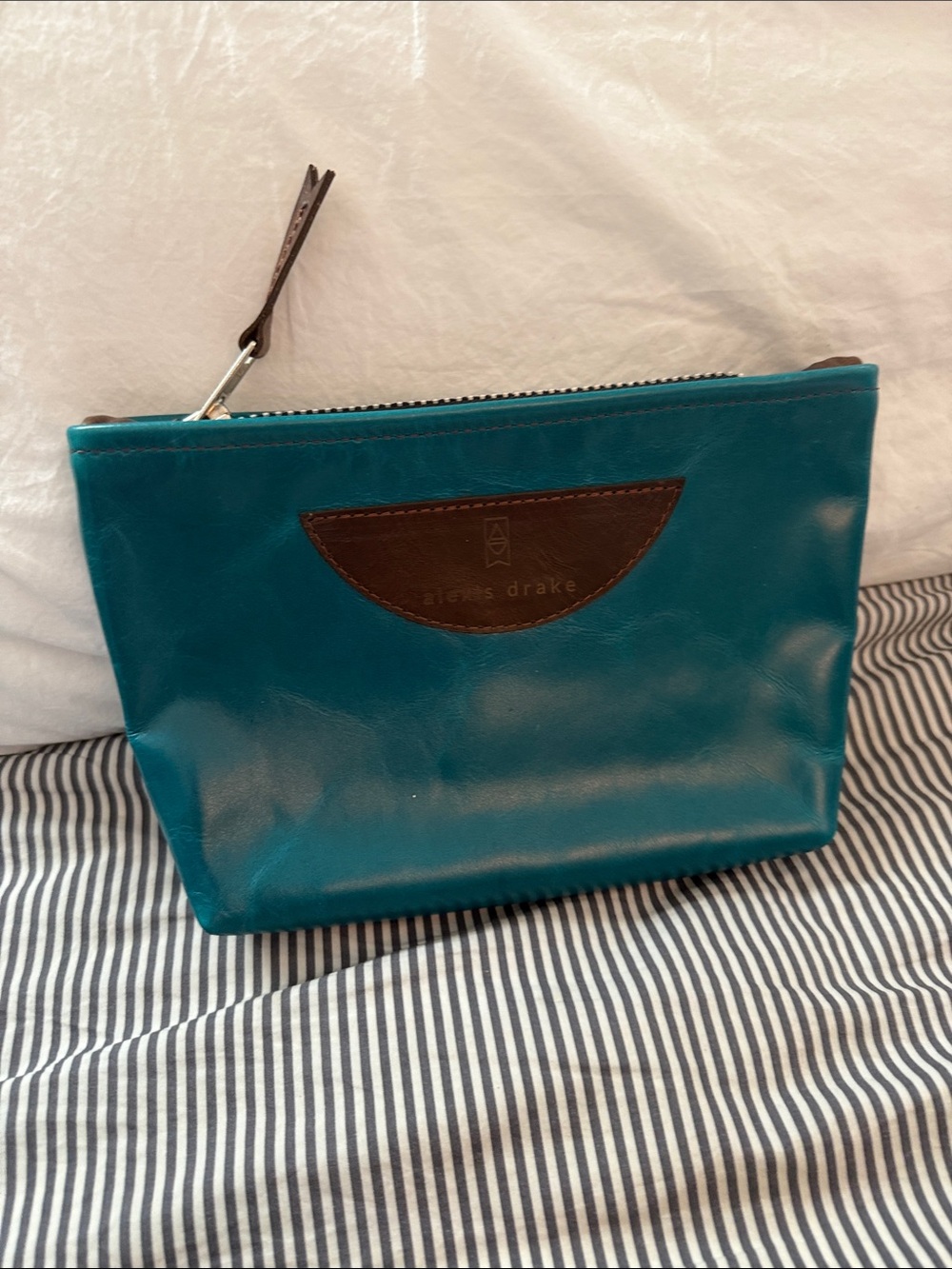 Alexis Drake - Teal Leather Toiletry Pouch with Brown Trim - Genuine  leather
